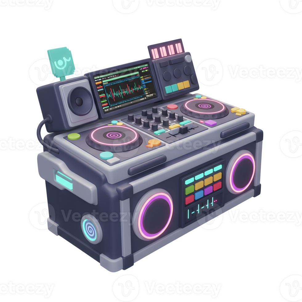 Cartoon DJ mixer features turntables, screen, buttons, knobs, speaker and vibrant colors, ideal for creating energetic music and entertainment. png