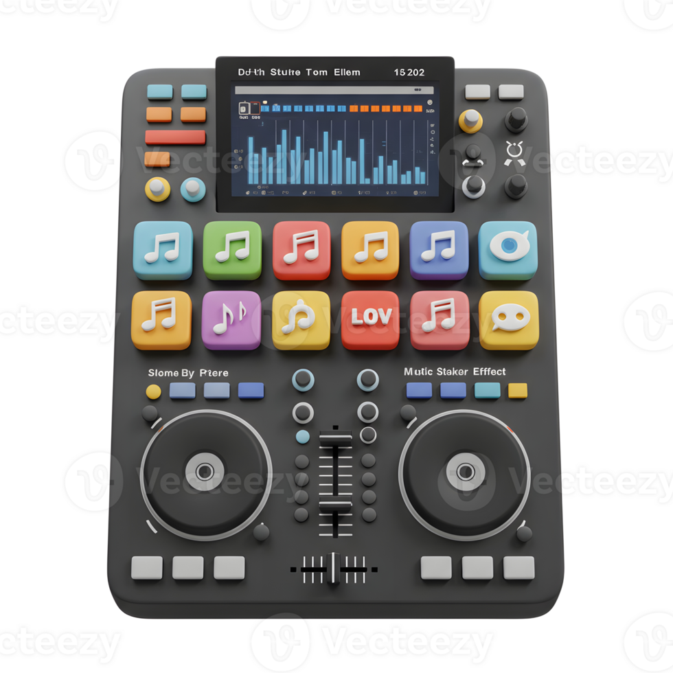 A black DJ controller with colorful buttons, mixer knobs, a display showing music levels, and turntable circles is used for mixing music and creating unique sounds. png