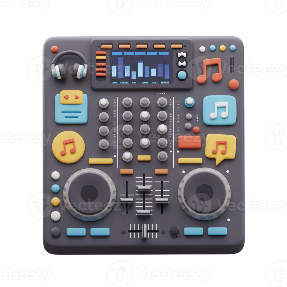 This DJ mixer features an equalizer, buttons, faders, turntables, and headphones, making it ideal for professional music production and performance. png