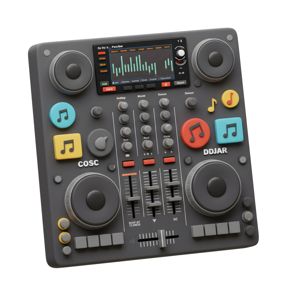 A black DJ controller with various knobs, buttons, sliders and music note decorations is shown in this image, which can be used to create mixes and manipulate sounds. png