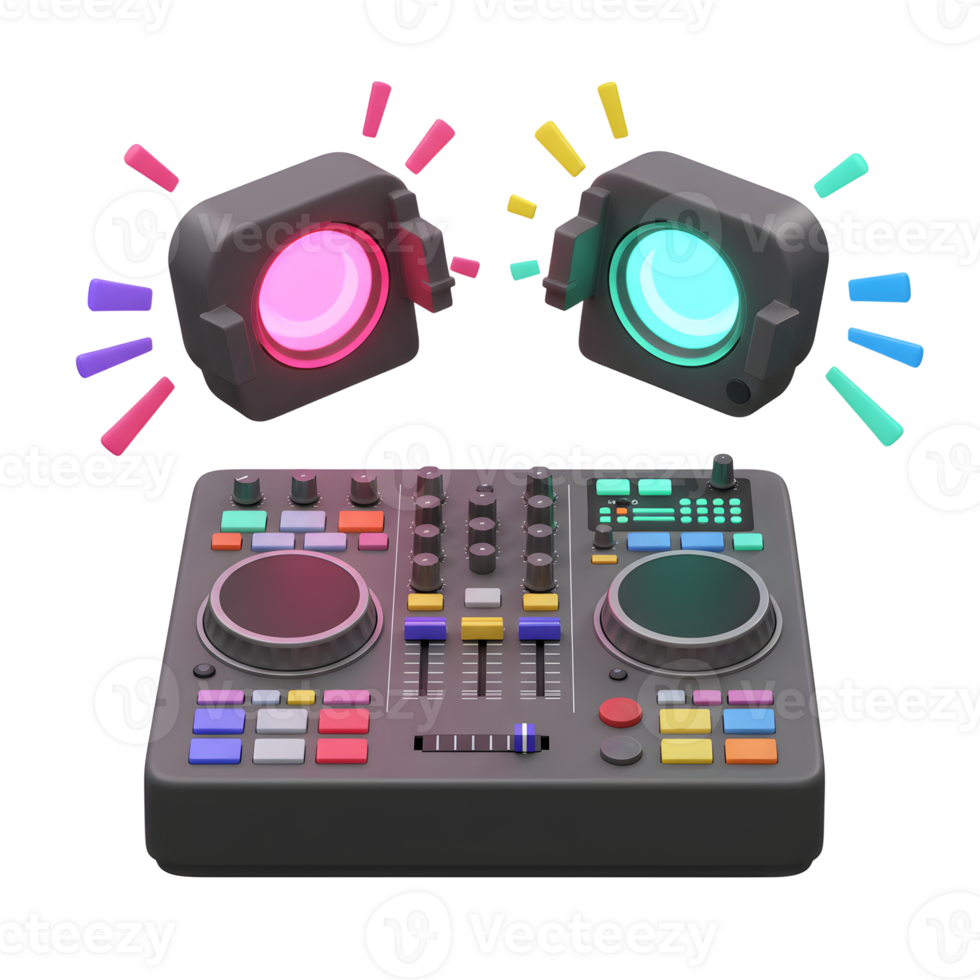 A DJ mixer with two speakers, lights emitting from the speakers, suggests entertainment and professional audio setup for music performance. png