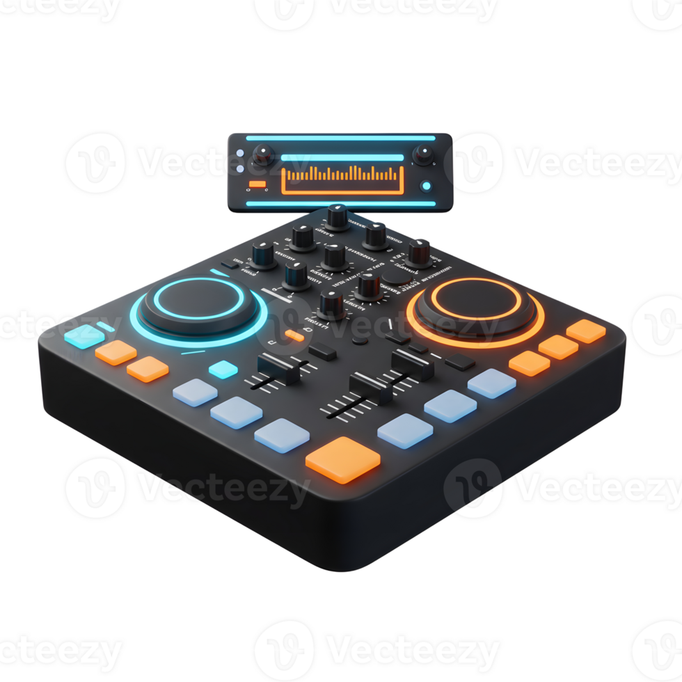 A DJ controller with an audio meter is used to create music by mixing sound. png