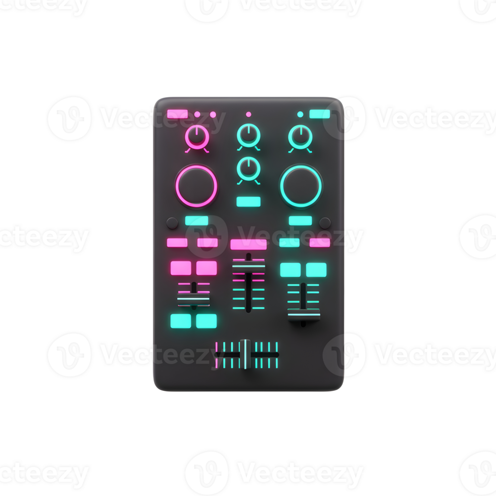 This is a colorful DJ audio mixer with knobs and faders, ideal for music mixing and live performances in a studio. png