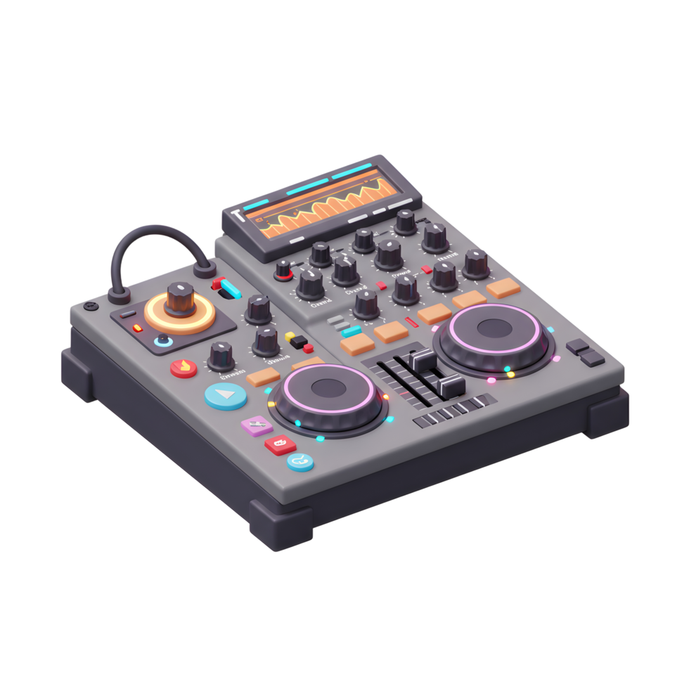 This is a stylized, digital rendering of a grey DJ mixer equipped with two jog wheels, multiple knobs, sliders, and a waveform display, suitable for creating music. png