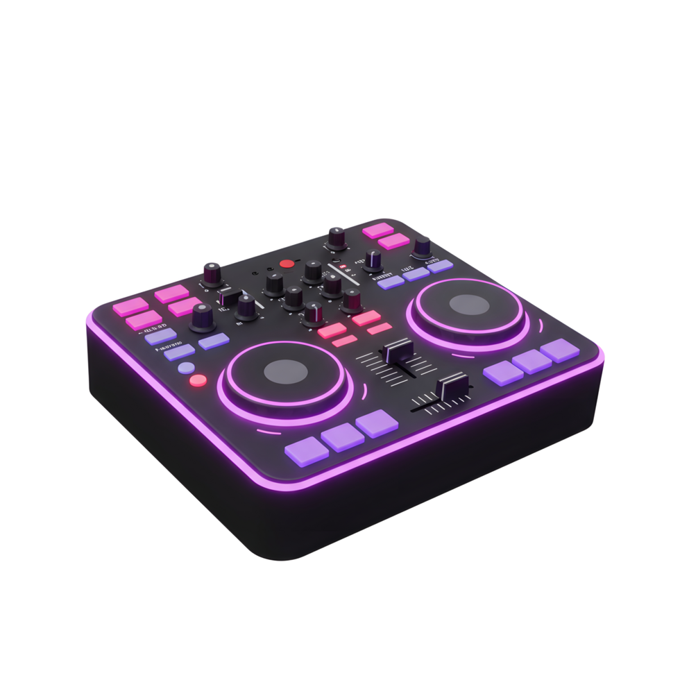 A sleek DJ mixer console features knobs, buttons and turntables that allow users to create music for performances. png