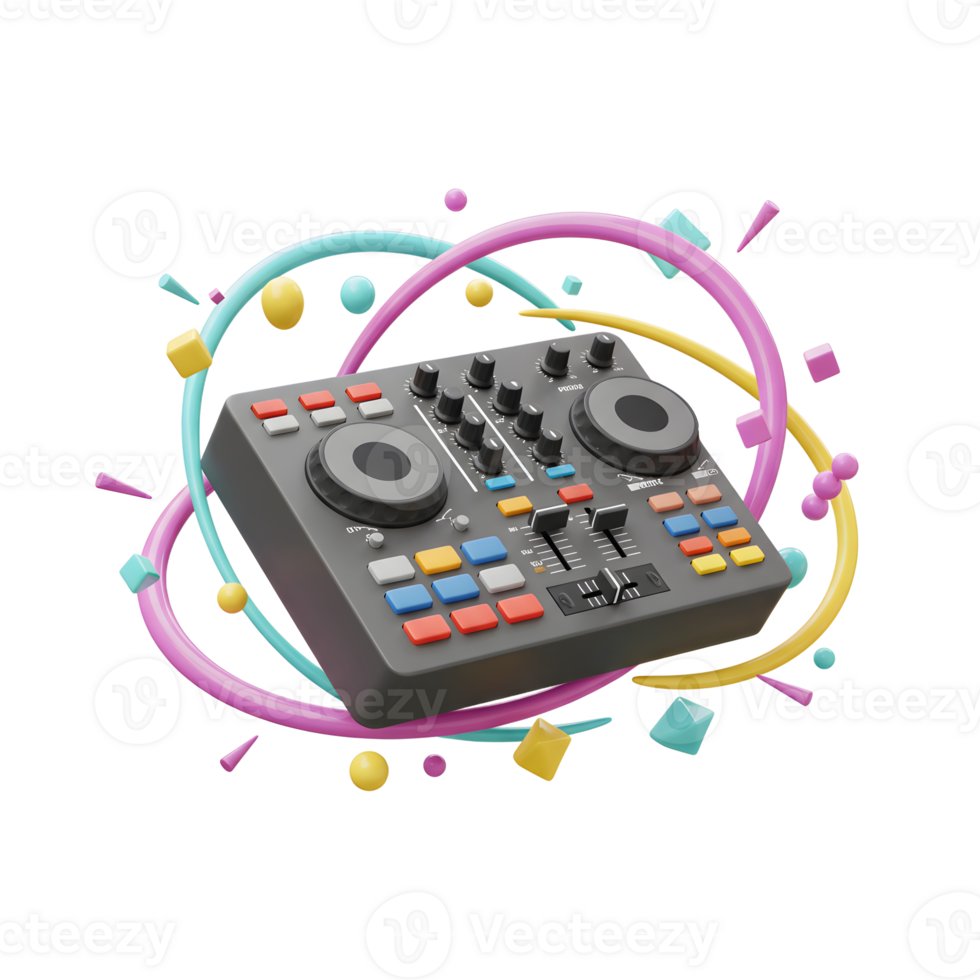 A gray DJ mixer is surrounded by colorful shapes in a fun, modern composition, ideal for creative music projects or digital art. png