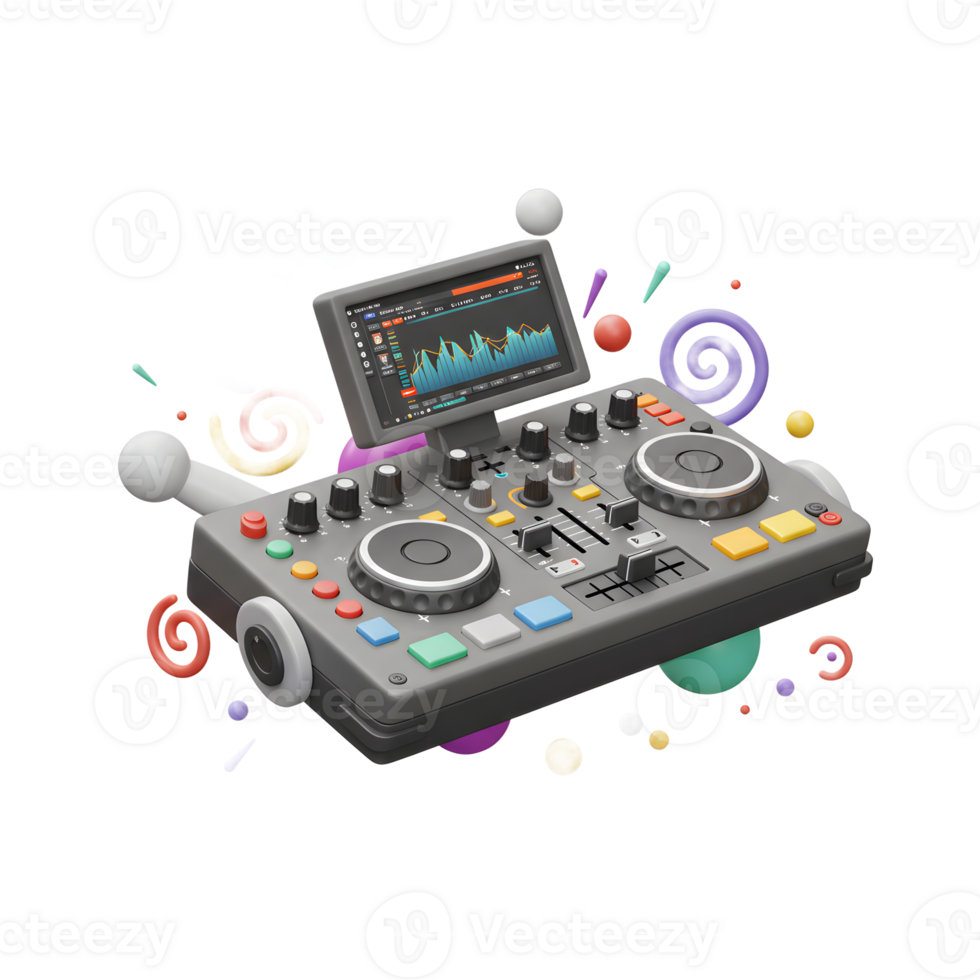 A 3D rendering shows a DJ controller with a screen displaying audio waves, surrounded by colorful swirls and geometric shapes for creative music production. png