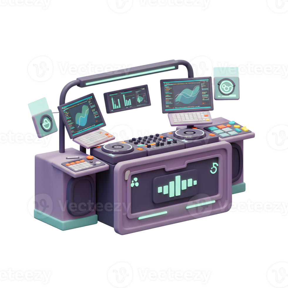 A futuristic DJ station features monitors displaying charts, keyboard, turntable, and equalizer for music mixing and live performances. png