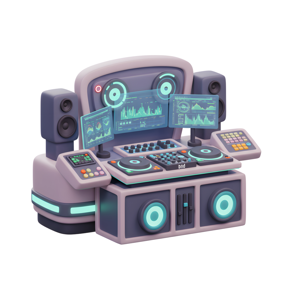A stylized music mixing console features various monitors, speakers, and controls for audio production and DJing. png