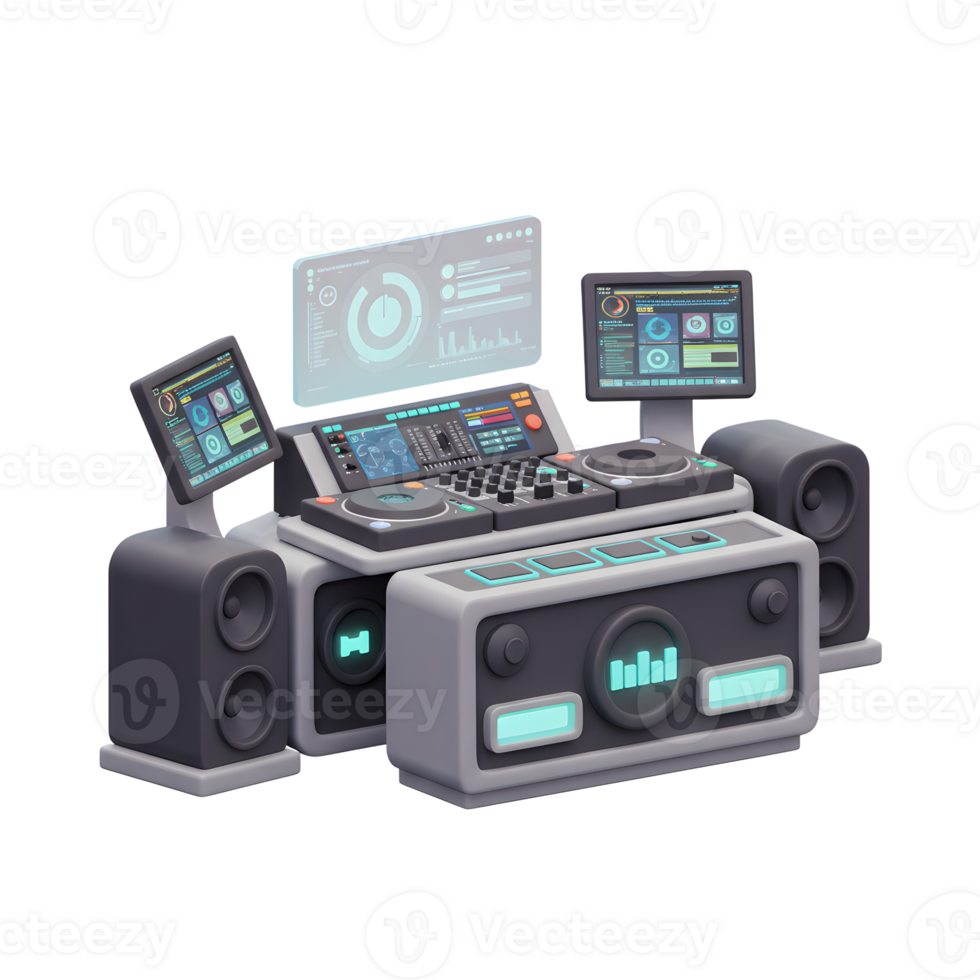A 3D render of DJ equipment featuring mixer, monitor, and speaker creates a futuristic, technological vibe, ideal for digital music production. png