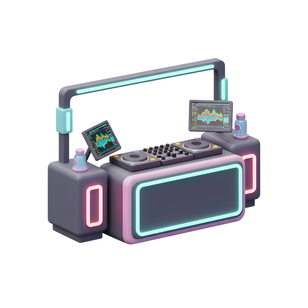 Modern dj equipment is displayed on a sleek, illuminated counter, creating a vibrant and futuristic setup perfect for electronic music performances. png