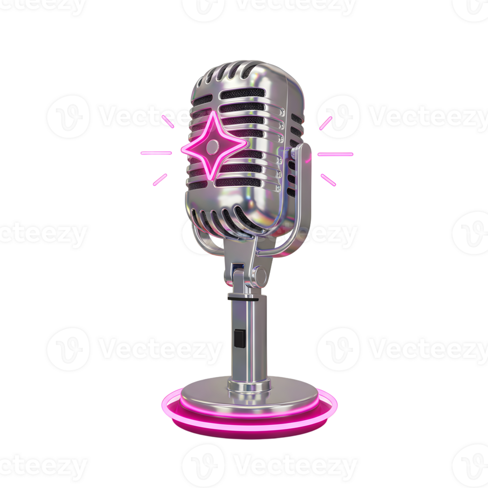 A chrome vintage microphone features a neon pink star and base, perfect for a retro performance or broadcasting setup. png