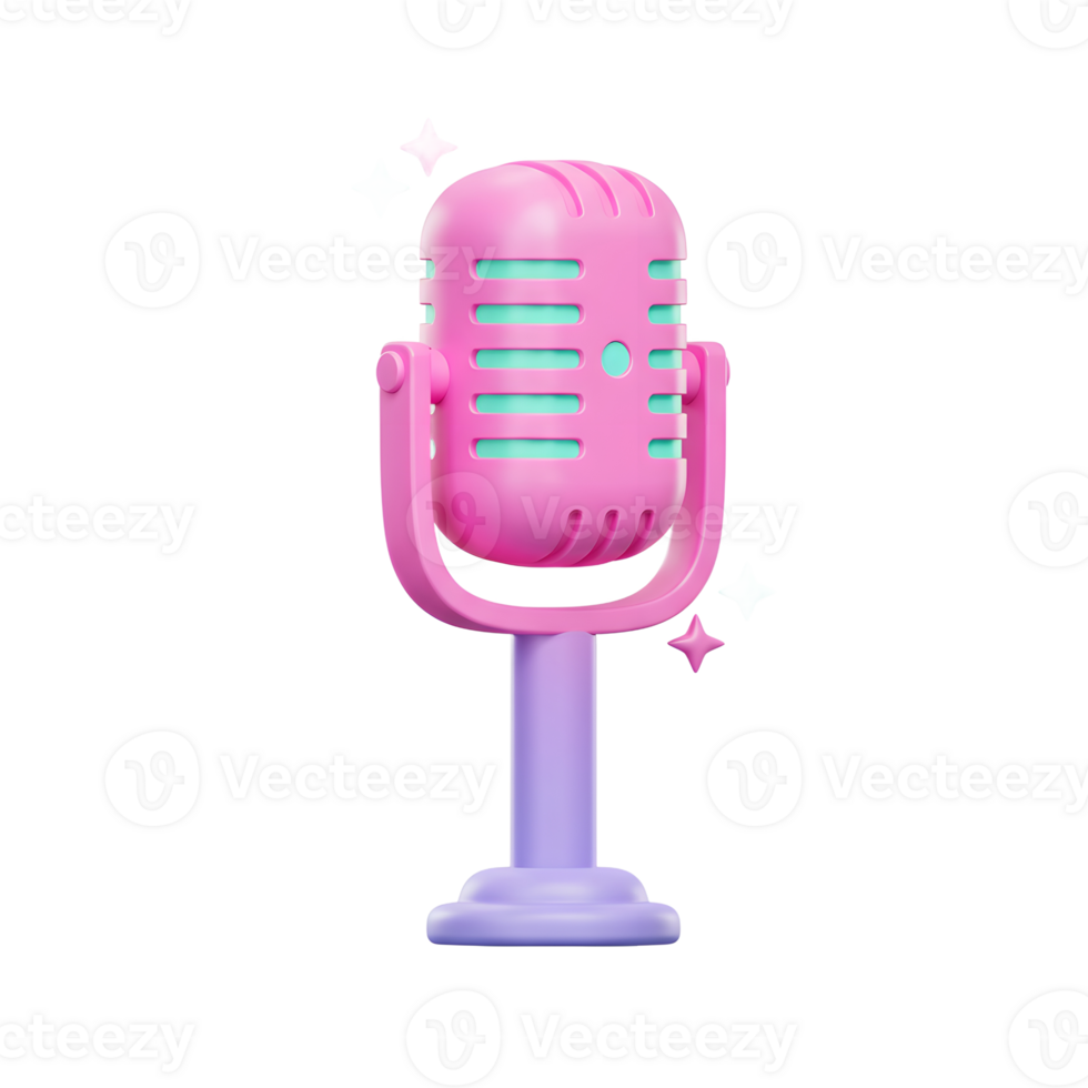 A pink vintage microphone sits on a lilac stand, surrounded by twinkling turquoise stars, perfect for adding a touch of glamour to any audio recording or presentation. png