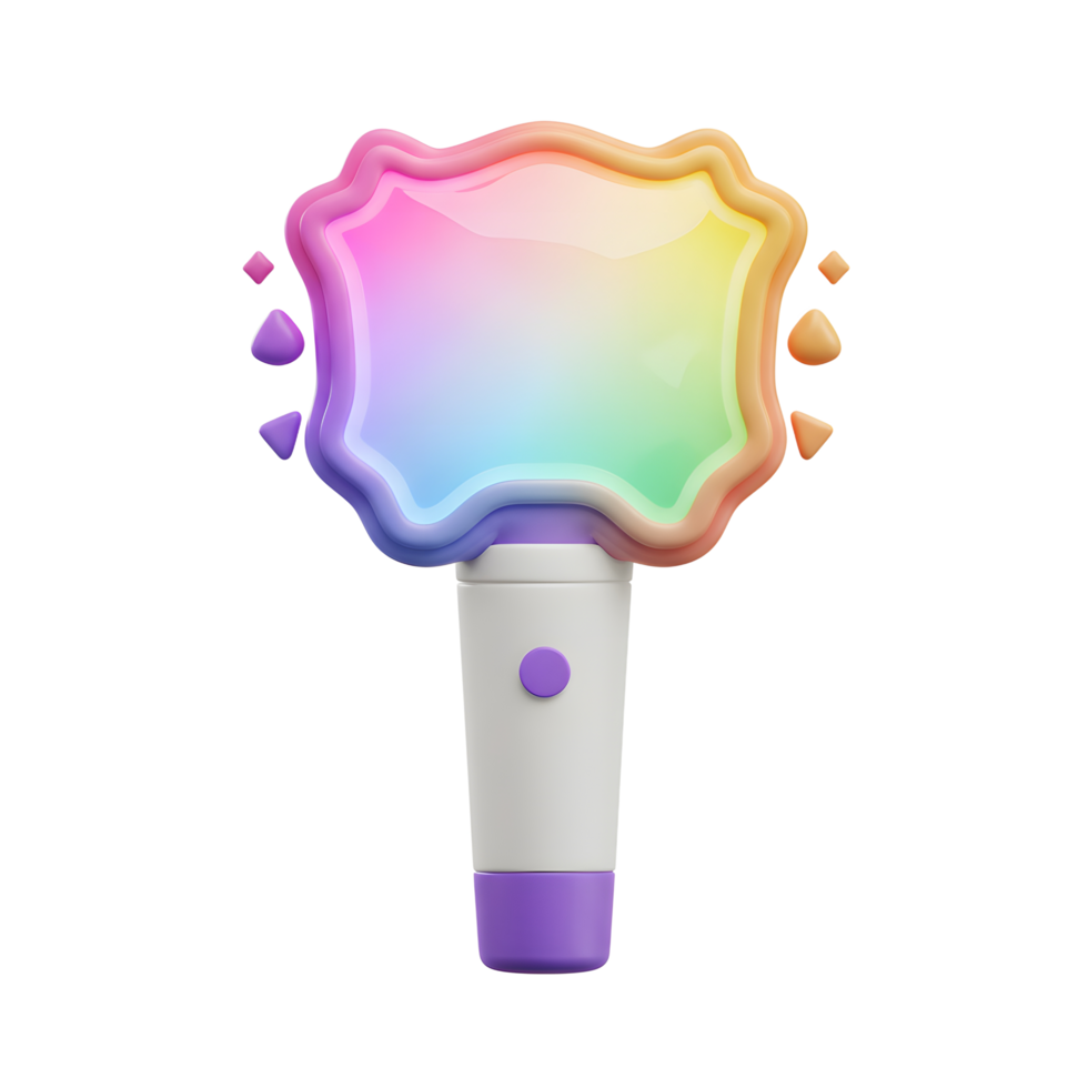 A glossy rainbow lightstick with white handle and purple accents illuminates with colourful light, creating a bright and fun visual used for decoration and atmosphere. png