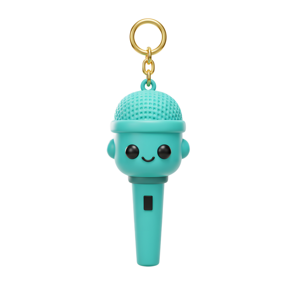 A cute turquoise microphone keychain hangs from a golden ring, which can be used for adding a touch of personality to bags or keys. png