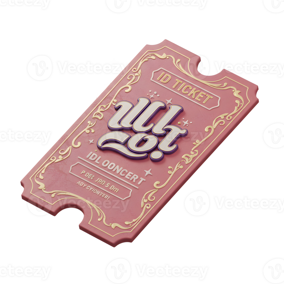 This image showcases a pink ID ticket with an ornate gold design and star accents, presumably for an IDL concert, suggesting its use for entry or identification at the event. png