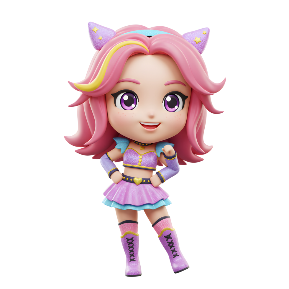 A charming doll poses in a glittering outfit with cat ears, making it perfect for displays or imaginative play. png