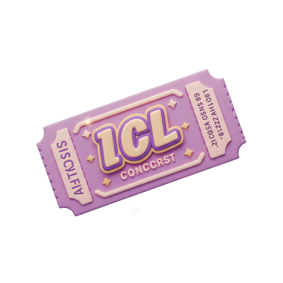 A stylized purple ICL concert ticket is depicted floating in the air, surrounded by star decorations, for event admission purposes. png