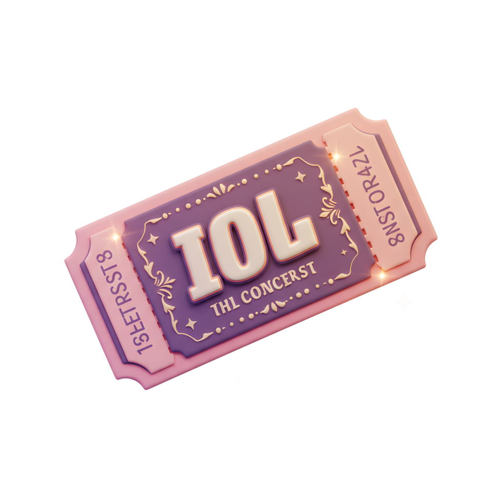 A 3D render of a purple and pink concert ticket is decorated with stars and fancy borders, making it suitable for advertising an event. png