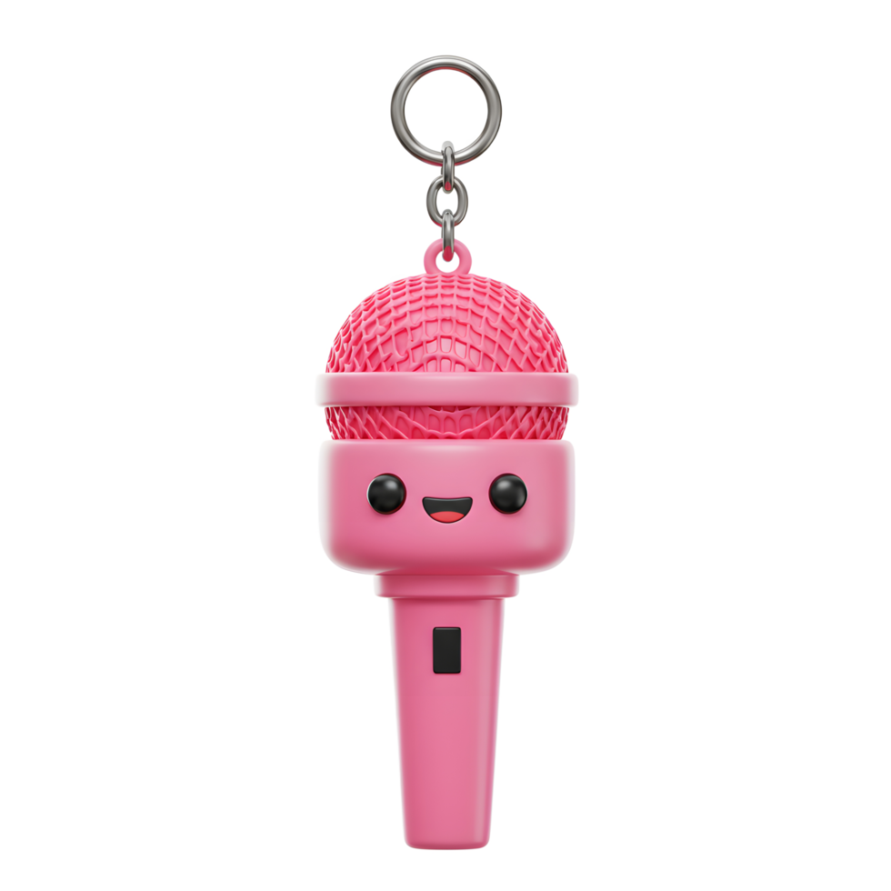 A pink microphone keychain features a cute, smiling face, making it a fun accessory to add to your keys or bag. png