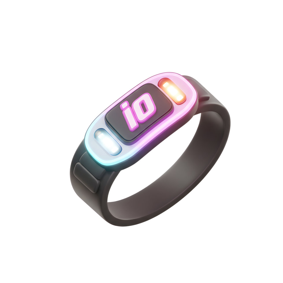 A dark bracelet with glowing colorful edges displays neon lettering and lights and can be used as a fashionable accessory. png