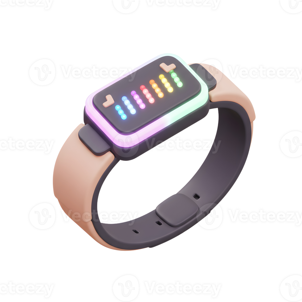 A modern smartwatch with a colorful pixelated display and rounded design is shown for everyday timekeeping and information access. png