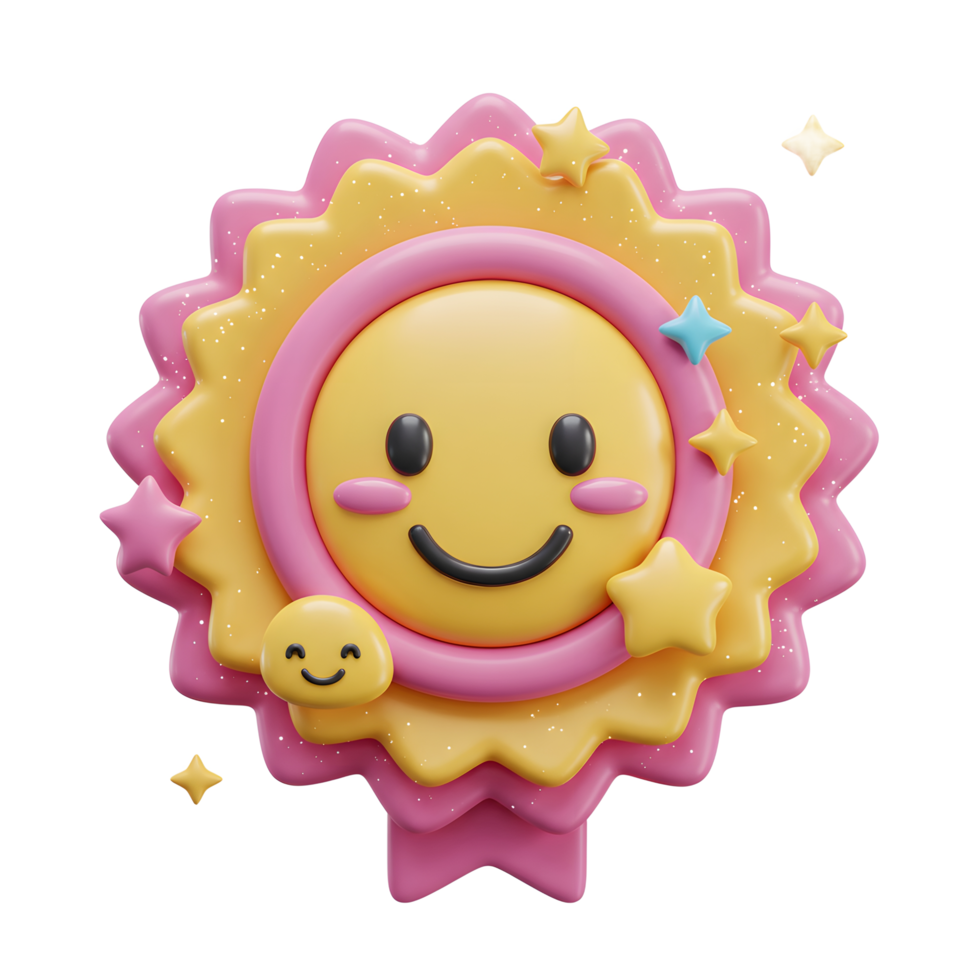 A yellow smiley face is featured in the center of a pink and yellow badge decorated with stars, making a cheerful visual element for digital content. png