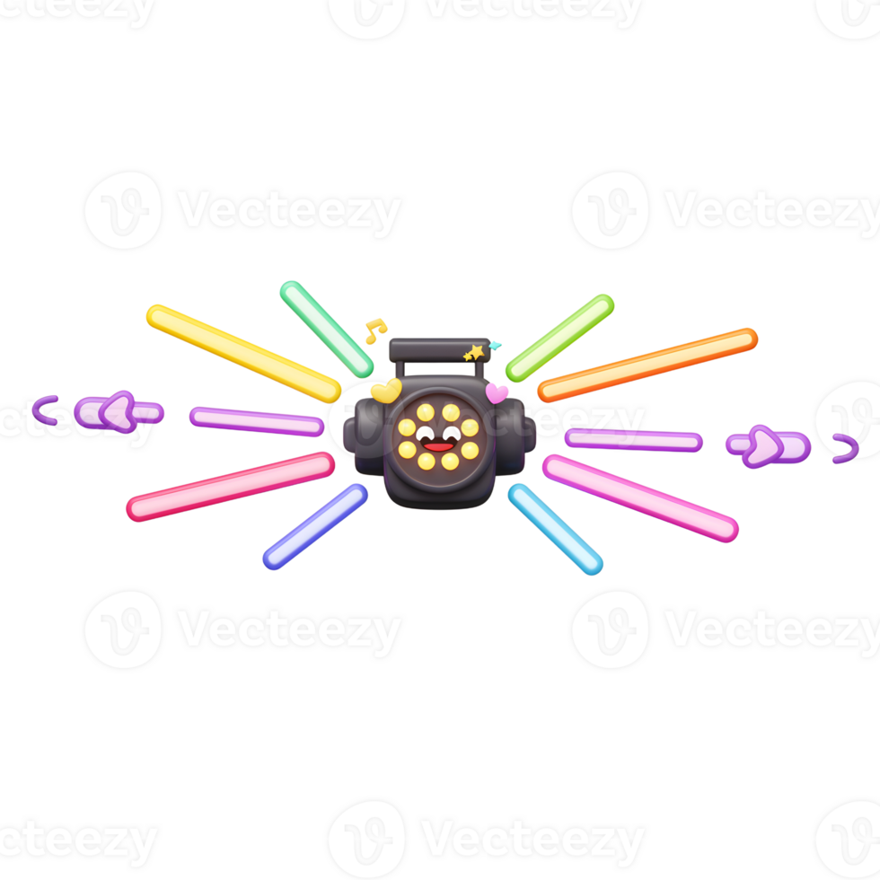 A cartoon speaker is emitting colourful beams with sound waves and musical note for entertainment purposes. png