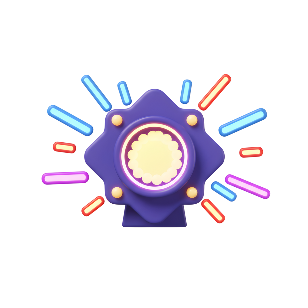 A 3D purple device emits colorful light rays and features a glowing center, suitable for digital illustrations or graphic design elements. png