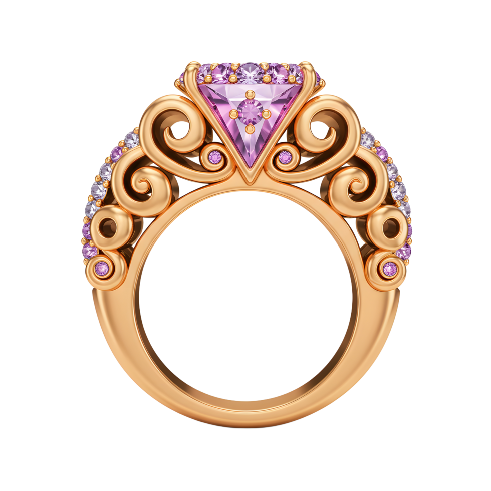 A gold ornate ring is adorned with a pink triangular gemstone and small round gemstones, giving it a luxurious and elegant appearance for special occasions. png