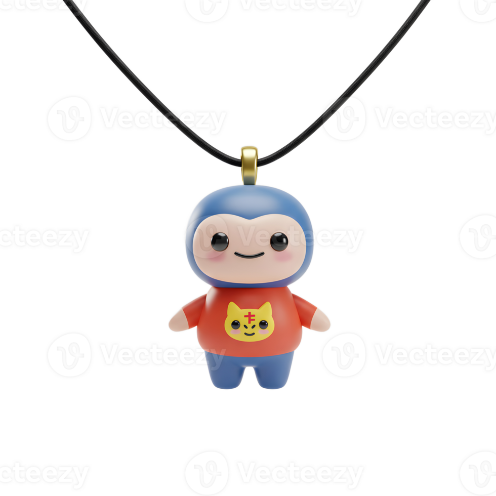 A cartoon-like character pendant with a red shirt and blue body hangs from a black string, making it suitable for decorative or personal style expression. png