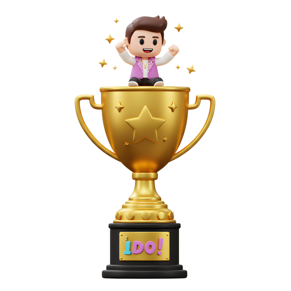 A cartoon man with arms raised sits atop a large golden trophy surrounded by stars indicating success and celebration for use in achievement related content. png