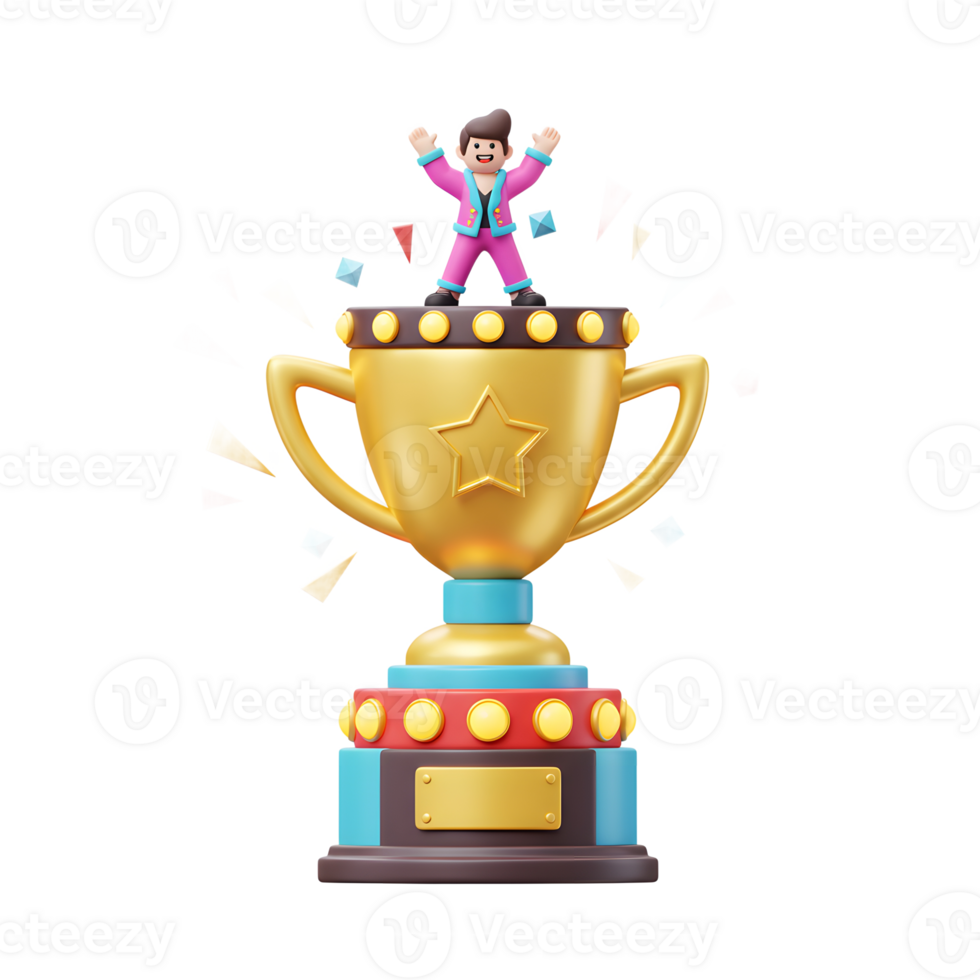 A cartoon man stands atop a golden trophy with arms raised amid confetti, symbolizing success and celebration in various contexts. png