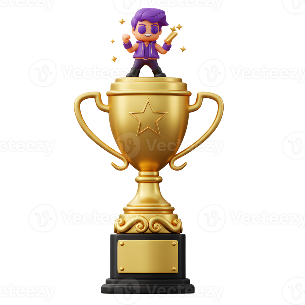 A cartoon figure celebrates on top of a golden trophy with star detail, representing victory and success for awarding achievement. png