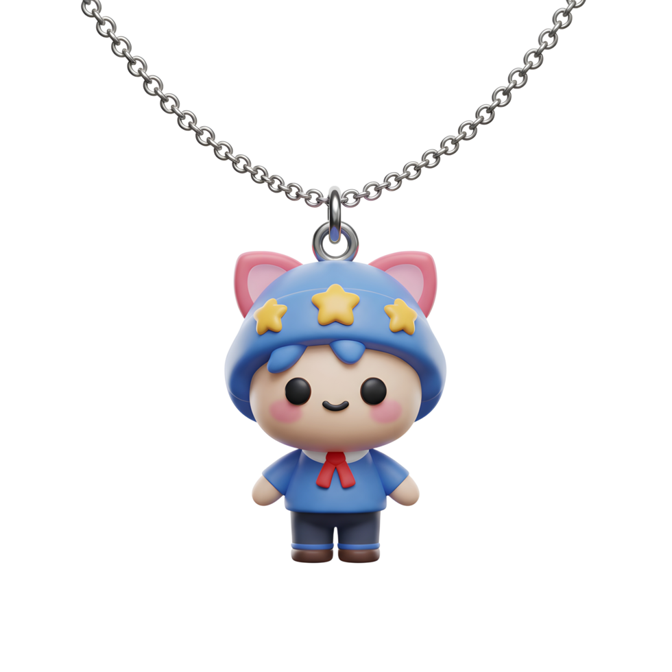A cute cartoon figure pendant hangs from a chain necklace, featuring a blue hat with yellow stars and pink cat ears, ideal for adding a playful touch to an outfit. png