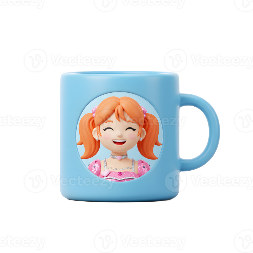 Cartoon of a happy girl with red hair wearing a pink dress is on a light blue mug, ideal for drinking coffee. png