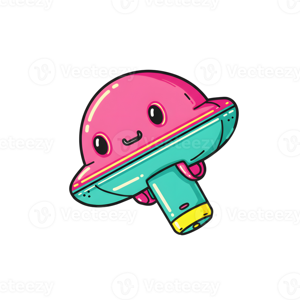 A cute pink UFO cartoon character floats with a happy expression, suitable for children's illustration or sticker design. png