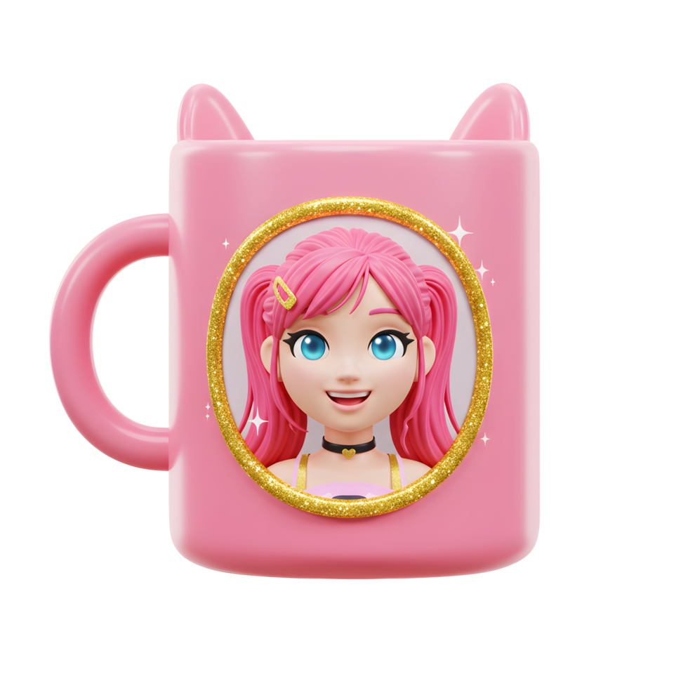 A pink mug with cat ears is decorated with a golden frame containing a cheerful cartoon girl, perfect for enjoying a hot beverage. png