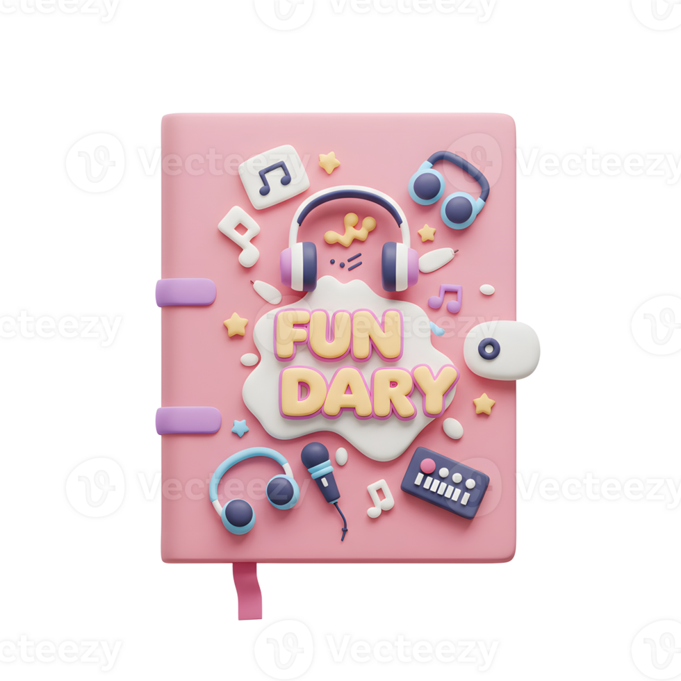 A pink diary decorated with headphones, microphone and music notes creates a playful aesthetic, suitable for creative expression and personal organization. png