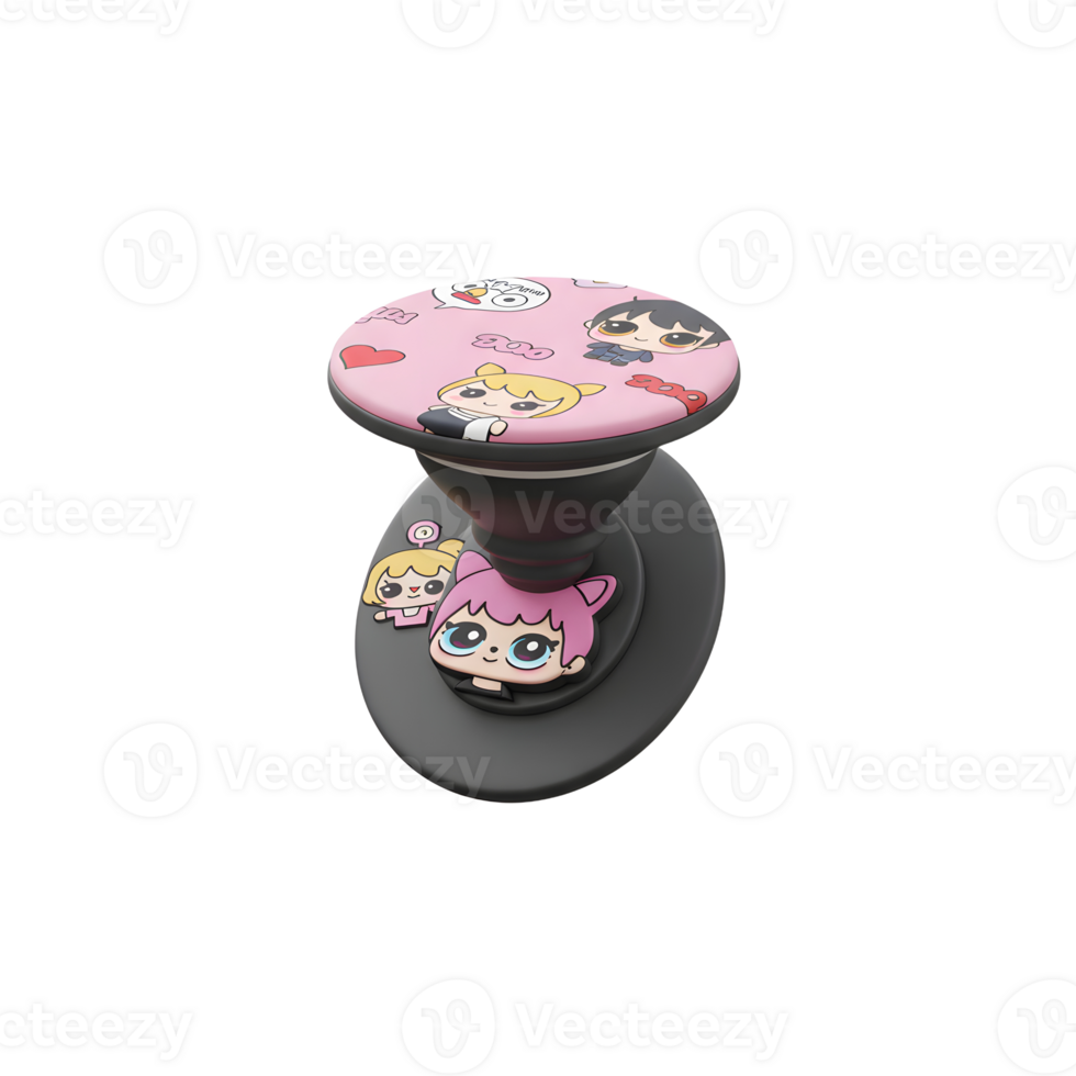 A pink and black phone grip features cartoon characters, which is used to hold the phone. png