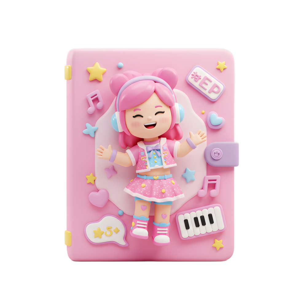 Pink journal decorated with a cartoon character, music notes, keyboard, star and heart shapes is visually cute and can be used as a notebook. png