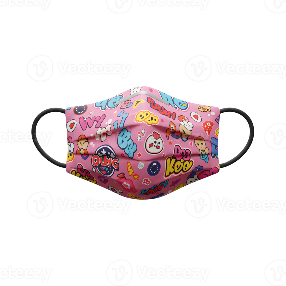 Pink face mask features a colorful cartoon pattern providing personal protection. png