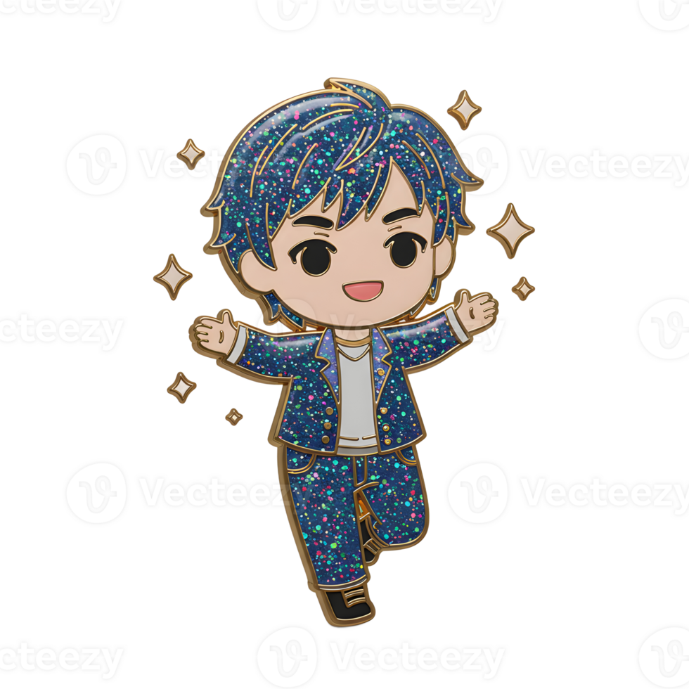 A cartoon boy enamel pin is depicted with open arms, wearing a sparkly blue suit, set against a white background, ideal for collection or decoration. png