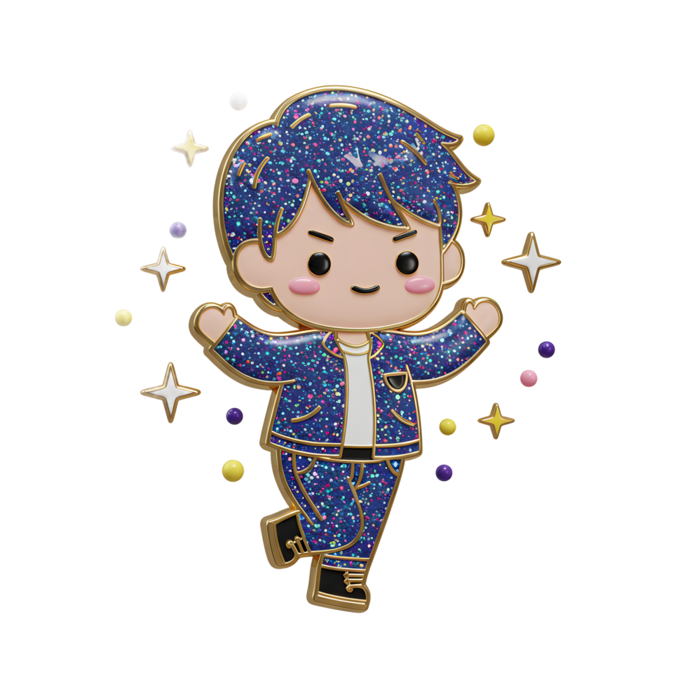 A sparkling cartoon boy pin strikes a cheerful pose with a glittery blue jacket and pants, making it ideal for adding flair to clothing or accessories. png