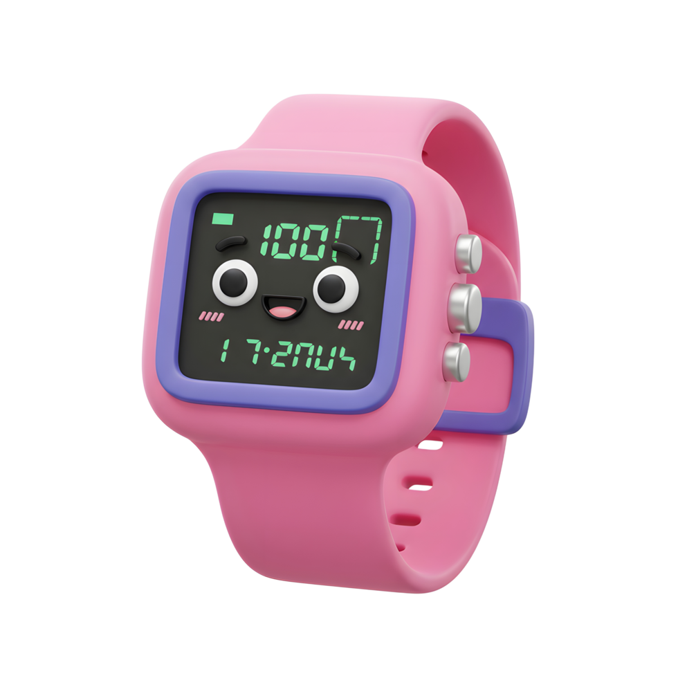 A cute pink cartoon watch displays a smiling face with the time and battery charge, offering a fun way to keep track of time. png