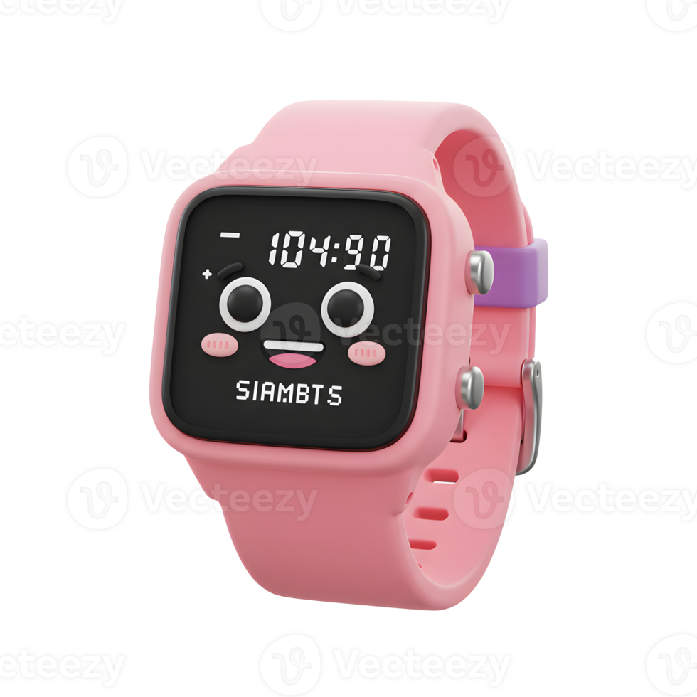 A pink digital watch features a playful face design on its screen, perfect for children's timekeeping. png