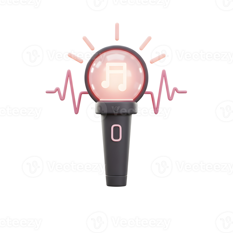 A 3D render of a light stick with a music note inside a glowing orb surrounded by sound waves is displayed against a white background for concert use. png