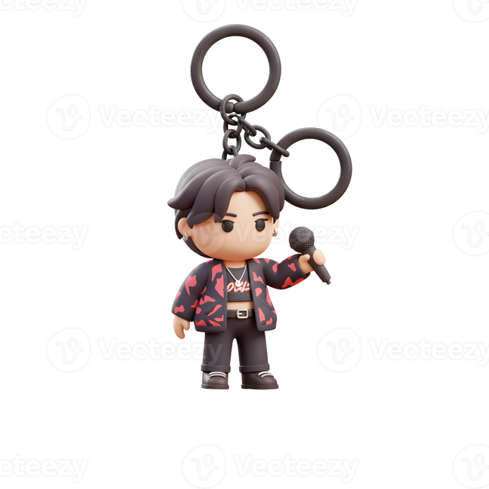 A cartoon singer keychain holds a microphone and wears a patterned jacket, perfect for adding a pop of personality to keys or bags. png