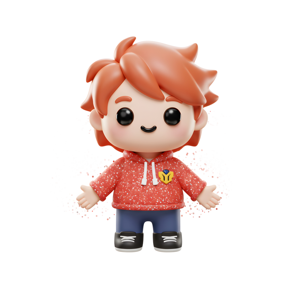 A cute 3D cartoon boy with orange hair and a red hoodie smiles at the viewer, making it suitable for children's entertainment. png