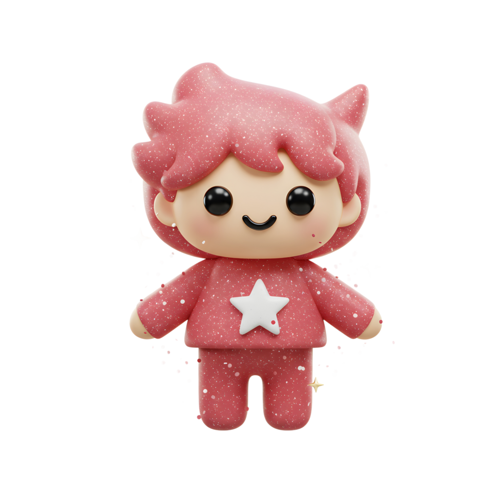 A cute cartoon character with pink, glittery hair and a matching outfit featuring a white star stands against a white background, making it suitable for children's illustrations or digital designs. png